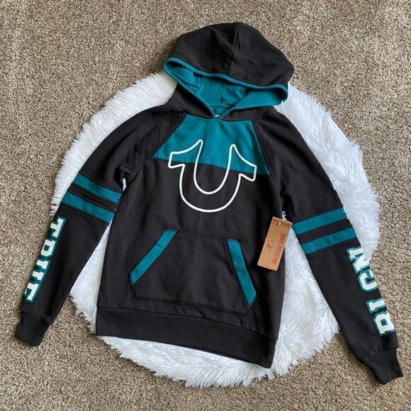 True Religion Hoodie Sweatshirt New Black Teal Womens Size Small - Picture 1 of 10